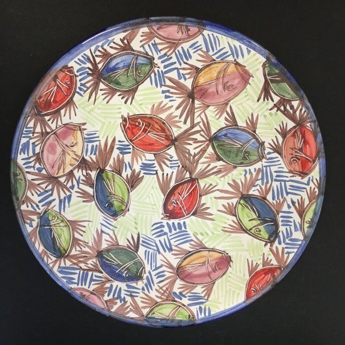 Assiette 27,2 cm diamètre, décor main "Odet" multicolore. Faïence bretonne, céramique Bretagne