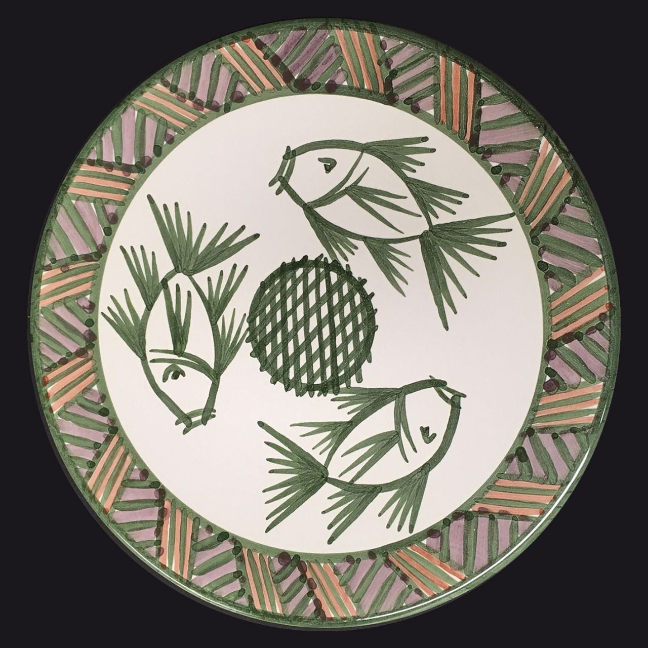 Assiette 27,2 cm diamètre, décor main "Odet" , poissons, (faïence bretonne) (céramique Bretagne).