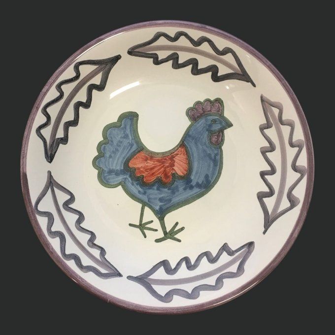 Assiette à soupe 20,4 cm diamètre, décor main poule bleu rouge, faïence bretonne,  Bretagne.
