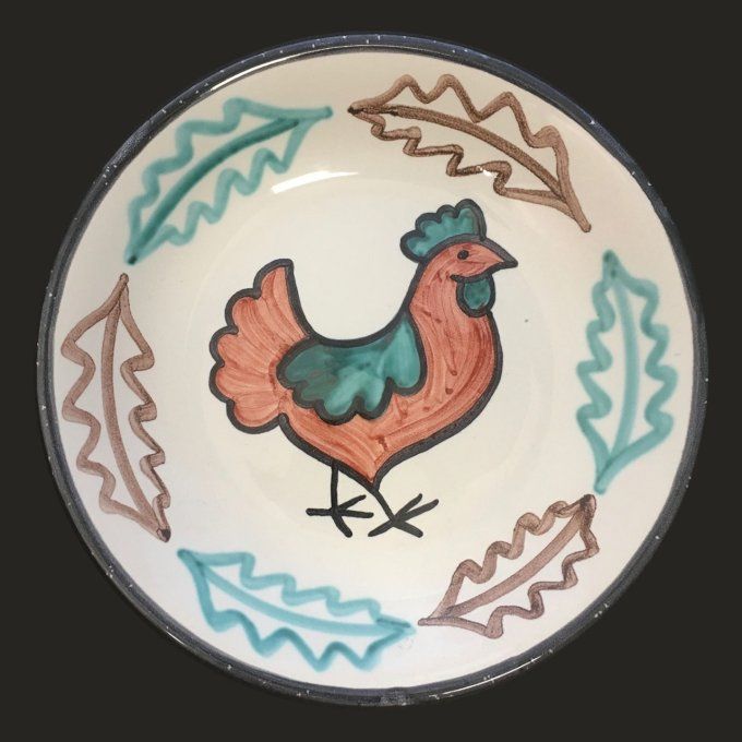 Assiette à soupe 20,4 cm diamètre, décor main poule rouge vert, faïence bretonne,  Bretagne.