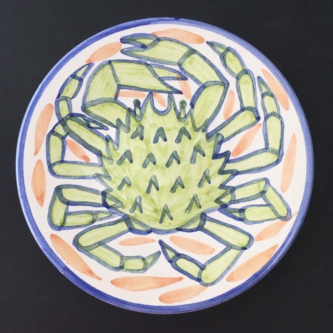Assiette à dessert 22,3 cm diamètre, décor main araignée de mer vert cru (faïence bretonne).