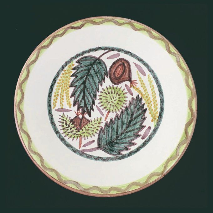 Assiette à dessert 22,3 cm diamètre, décor main châtaignes (faïence bretonne) (céramique Bretagne).