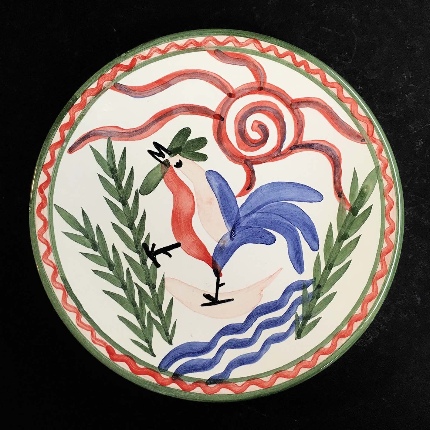 Assiette à dessert 22,3 cm diamètre, décor main "joli coq" (faïence bretonne) (céramique Bretagne)