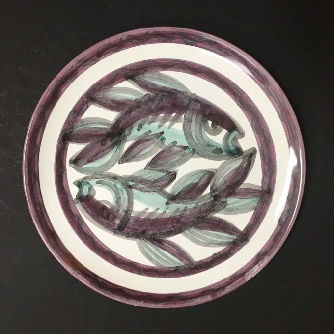 Assiette faïence décor main 26 cm diamètre décor poissons tête-bêche, céramique Bretagne.
