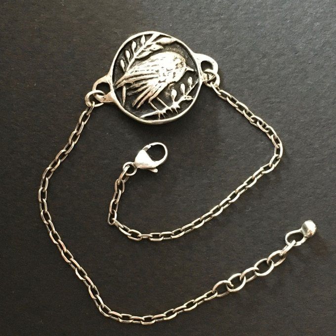 Bracelet argent massif 925/1000 réf. 056411.1, médaillon roitelet (oiseau). Bijoux Toulhoat (Marie).