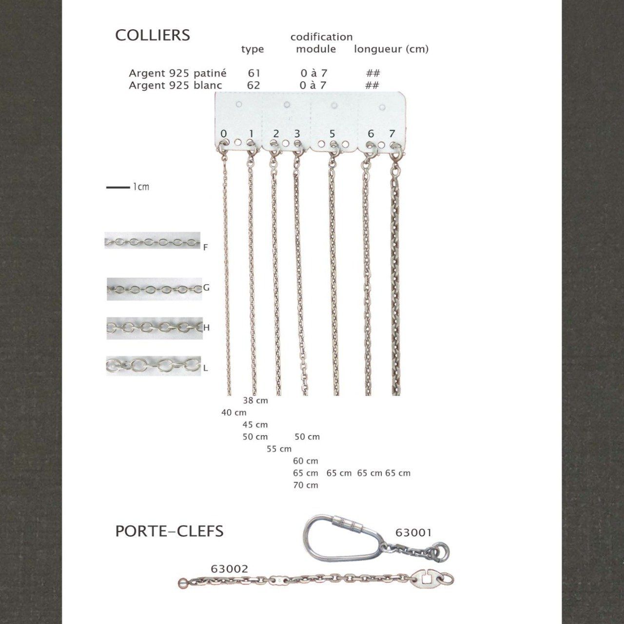 Diverses chaînes pour pendentifs et chaînes de porte-clef. Bijoux Pierre Toulhoat.