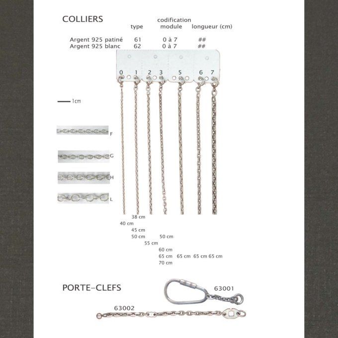 Diverses chaînes pour pendentifs et chaînes de porte-clef. Bijoux Pierre Toulhoat.