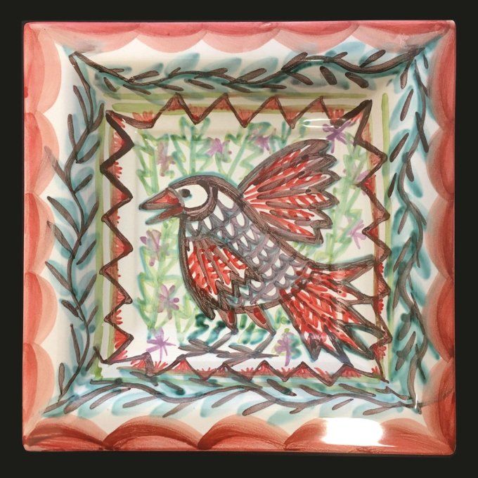 Grand vide-poches 20 cm X 20 cm, faïence bretonne décor main oiseau punk. Céramique Bretagne.