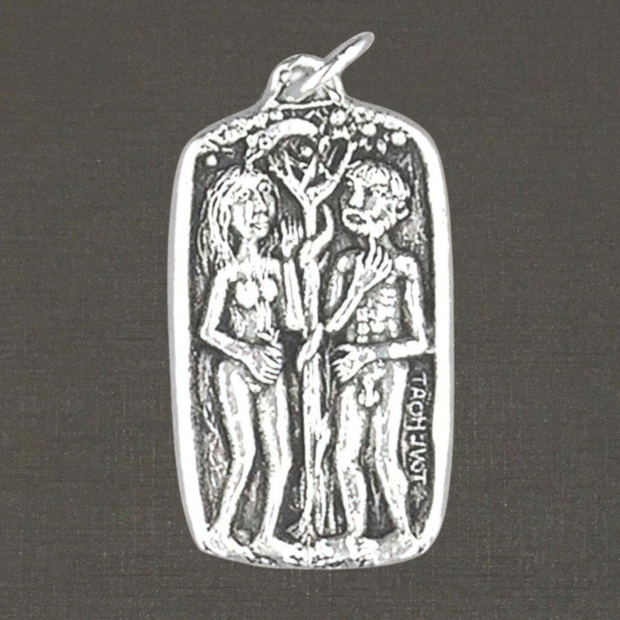 Grande médaille argent massif 925/1000 réf. 03048 Adam et Ève, bijoux Pierre Toulhoat.