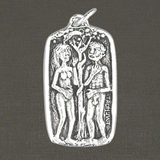 Grande médaille argent massif 925/1000 réf. 03048 Adam et Ève, bijoux Pierre Toulhoat.