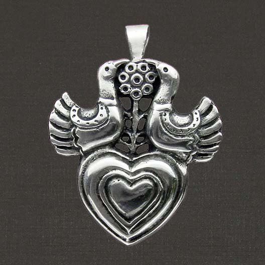 Broche (mixte pendentif) argent massif 925/1000 réf. 066000. Cœur aux colombes (bijoux Toulhoat).