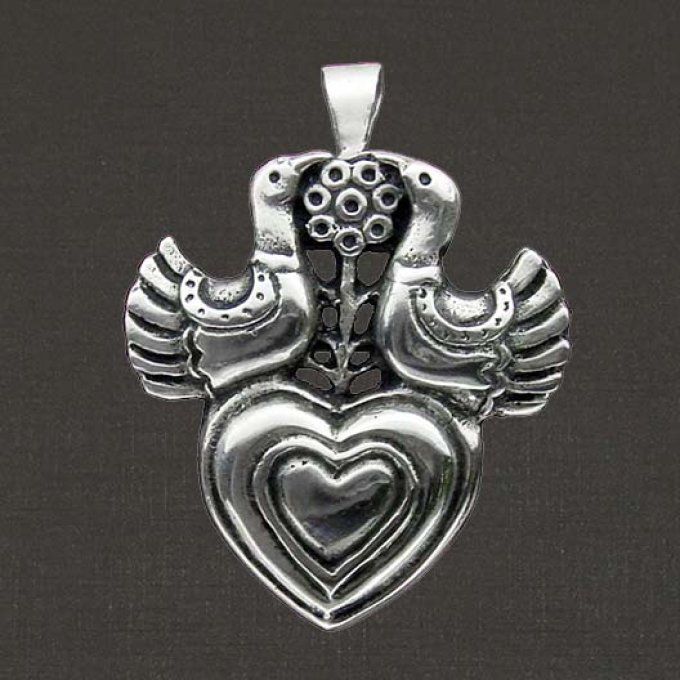 Broche (mixte pendentif) argent massif 925/1000 réf. 066000. Cœur aux colombes (bijoux Toulhoat).