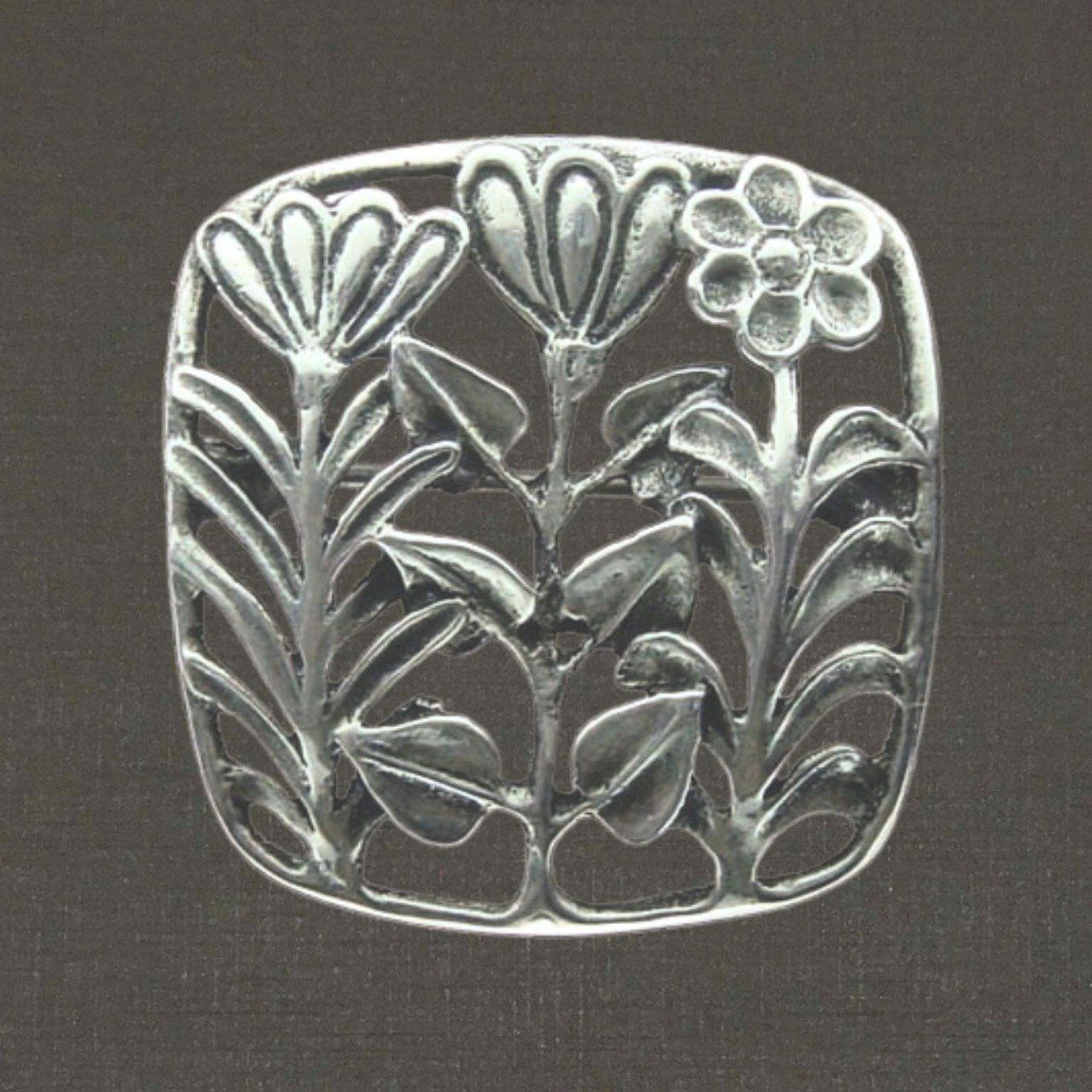 Broche pendentif mixte argent massif 925/1000 réf. 06679 carrée trois fleurs, bijoux Toulhoat.
