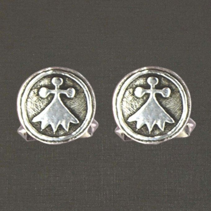 Boutons de manchette argent massif 925/1000 réf. 18057, hermine médaille ronde (bijoux Toulhoat).